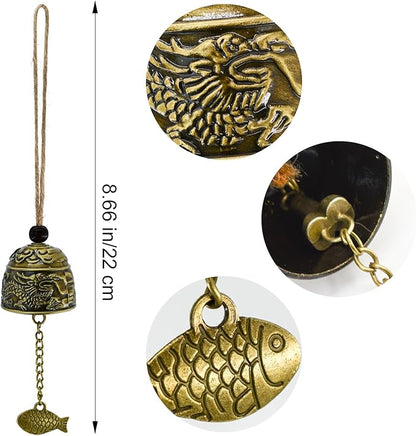 MrMrKura 4 Pcs Vintage Dragon Fengshui Bell, Brass Bless Wind Chimes for Outside Hanging Bell for Good Luck Home Garden Patio Indoor Outdoor Decor