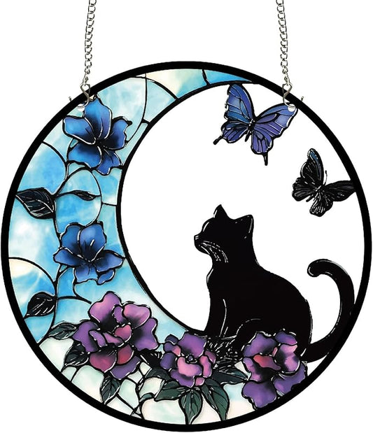 CREATCABIN Cat Window Suncatcher Stained Acrylic Glass Window Hanging Decor 9.8 Inch Round Panel with Metal Chain Flower Butterfly Sun Catcher Wall Art for Home Garden Halloween Christmas Decor