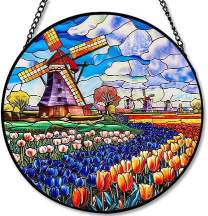 Stained Glass Window Hanging - 9.8in Windmill and Tulips Flowers Field Sun Catchers Indoor Stained Glass Panels Wall Decor for Mom，Wife，Lovers，Festive