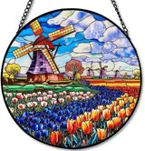Stained Glass Window Hanging - 6.3in Windmill and Tulips Flowers Field Sun Catchers Indoor Stained Glass Panels Wall Decor for Mom，Wife，Lovers，Festive