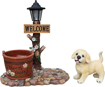 20" Solar Labrador Garden Statue with Welcome Sign & Planter - Large Dog Sculpture with LED Street Lantern - Weatherproof Resin Decorative Flower Pot for Porch, Yard & Patio - Pet Lover Gift