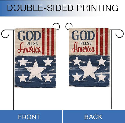 Hzppyz God Bless America 4th of July Patriotic Garden Flag Double Sided, USA Memorial Day Stars Stripes Vintage Decorative Yard Outdoor Home Small Decor, American Outside House Decoration 12 x 18
