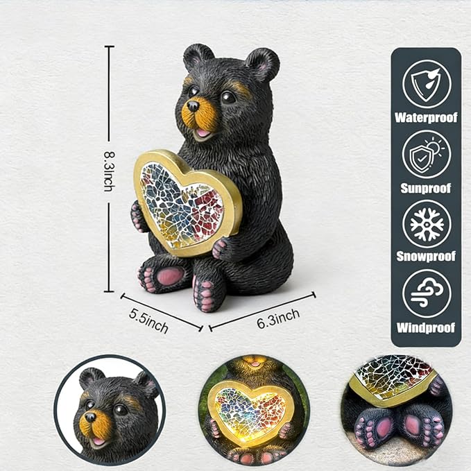 Solar Garden Sculpture: Unique Resin Black Bear Holding a Heart Outdoor Mosaic Solar Light Ideal for Gardens, patios, and courtyards Gift or Decorative piece-Black