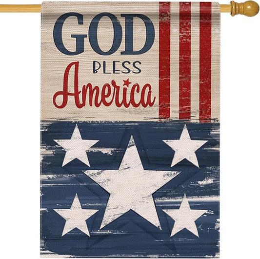 Hzppyz God Bless America Memorial Day 4th of July Patriotic House Flag, Veterans Day Stars Stripes Vintage Decorative Garden Yard Outdoor Large Decor, American USA Home Outside Decoration 28 x 40