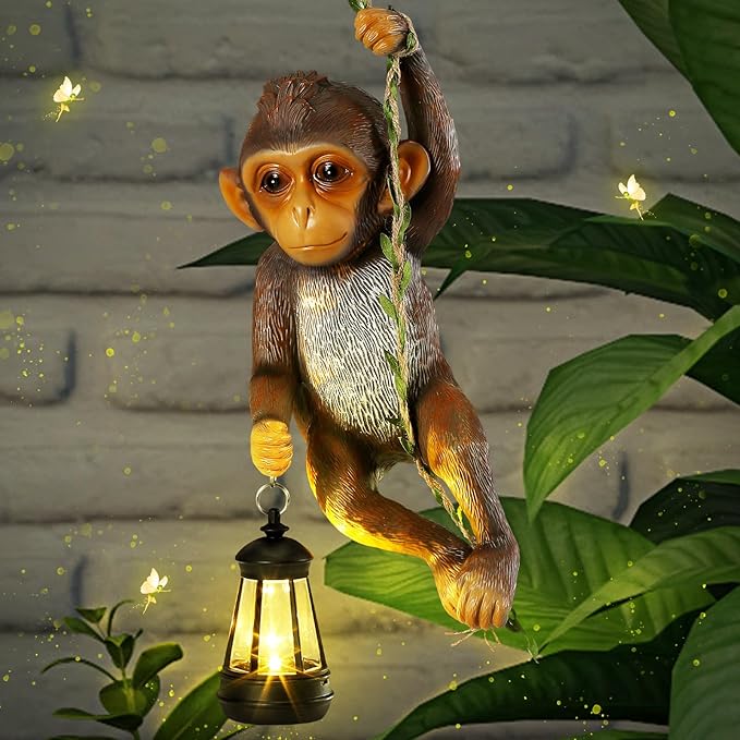 Rossesay Solar Light Outdoor Monkey Statues Brown 13.78 Inch Resin Chimpanzee Baby Monkey Climbing on Vine with LED Lantern Waterproof Hanging Figurine with Hook for Yard Garden Wall