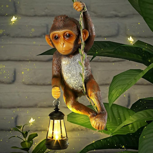 Rossesay Solar Light Outdoor Monkey Statues Brown 13.78 Inch Resin Chimpanzee Baby Monkey Climbing on Vine with LED Lantern Waterproof Hanging Figurine with Hook for Yard Garden Wall