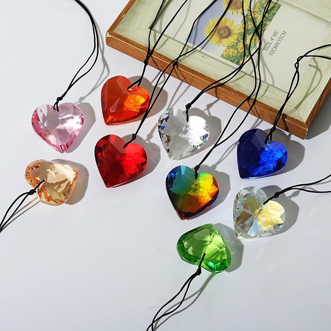 LONGSHENG - SINCE 2001 - Pack of 9 Crystal Suncatchers Colorful Heart Chandelier Prisms Stained Glass Pendants Parts Hanging Window Home Decor Crystal Ornaments