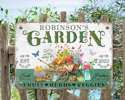 Custom Metal Signs with Name Made in USA Personalized Vintage Garden Sign Waterproof Vintage Decorative Metal Print for Wall Decor Customized Home Garden Ideas Gifts Artwork Prints for Yard Ourdoor