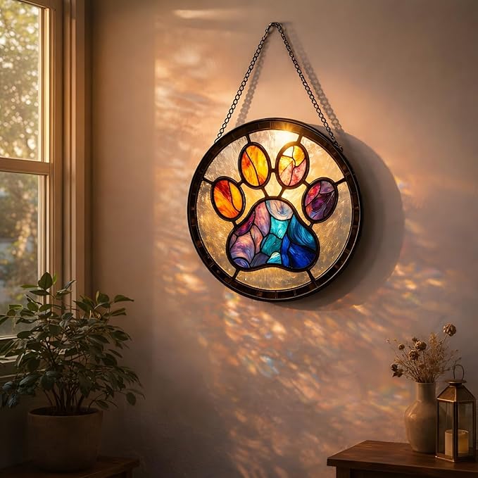 Pet Stained Glass Suncather for Window Hanging, Paw Print Ornament Gift for Pet Lover, 6.3'' Pet Memorial Wall Art Home Decor Sympathy Gift for Dog & Cat Owners (Colorful, 6.3'')