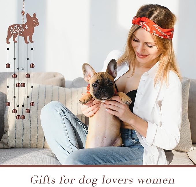 Cinnvoice 24 Inch Metal Wind Chimes Decor for Outside Garden Birthday Gift for Women Men Bronze Windchimes Pet Memorial Gift with 12 Bell for Patio Yard Lawn Housewarming Front Yard(French Bulldog)