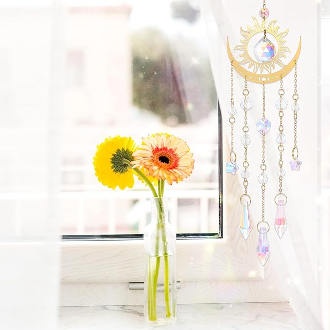 Tyqour Crystal Suncatcher for Windows Hanging Crystal Wind Chime Style Sun Catchers Indoor Outdoor Prism Home Garden Decor for Thanks Giving Valentines's and Mother's Day