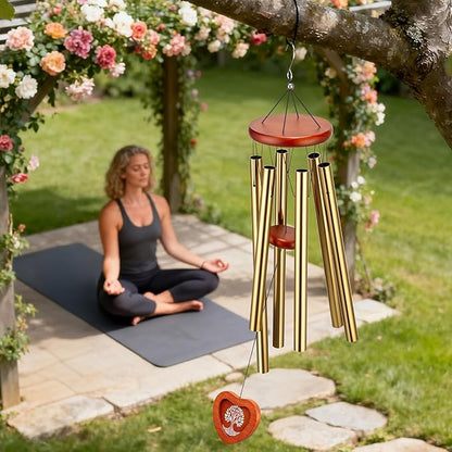 32'' Memorial Wind Chime with Wooden Photo Frame - Personalized Wind Chimes for Loss of Family, Friend, or Pet, Deep Tone Sympathy Chimes for Indoor or Outdoor Decor, Garden, Patio Memorial - Gold