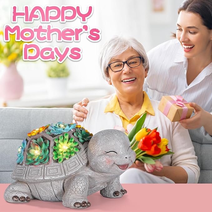 mocosa Solar Garden Statues Turtle and LED Lights Birthday Gifts for Women Mom Grandma Solar Outdoor Cat Decor for Outside,Outdoor Solar Lights for Yard, Garden and Patio, Unique Gift for Women