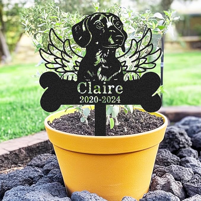 Custom Dachshund Memorial Grave Marker, Personalized Dachshund Dog Memorial Sign Bone Stake, Weatherproof Metal Wings Memorial Plaque Dog Loss Gift Pet Sympathy Gift, Lawn & Yard & Cemetery