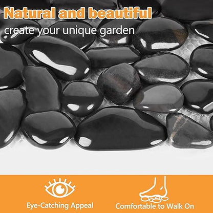 River Rock Stepping Stones Outdoor for Garden Walkway, 6 Pcs 16" L x 6" W Rectangle Shape Paver Step Stones Polished Pebble River Stone Mat for Yard Lawn Patio Pathway Walk Way - Black