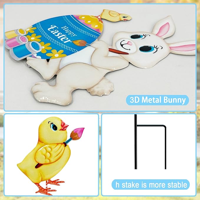 Easter Decorations Outdoor,4 Pack Metal Egg Bunny Yard Signs for Outside,Cute Easter Chick Decorations Garden Stakes for Lawn,Yard,Rabbit Gifts for Women