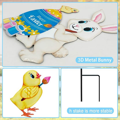 Easter Decorations Outdoor,4 Pack Metal Egg Bunny Yard Signs for Outside,Cute Easter Chick Decorations Garden Stakes for Lawn,Yard,Rabbit Gifts for Women