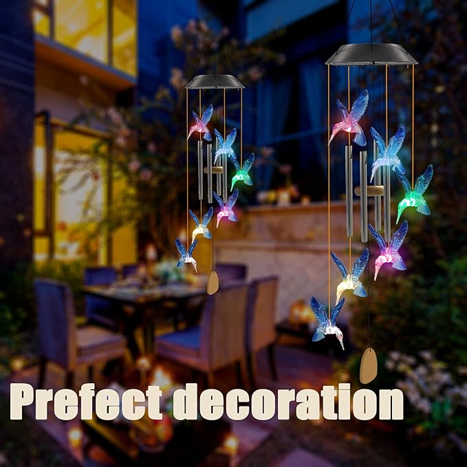 Birthday Gifts for Women Mom Grandma, Purtuemy Hummingbird Wind Chimes with 4 Aluminum Tube Solar Wind Chimes for Outside Solar Lights Outdoor Garden Patio Yard Decor