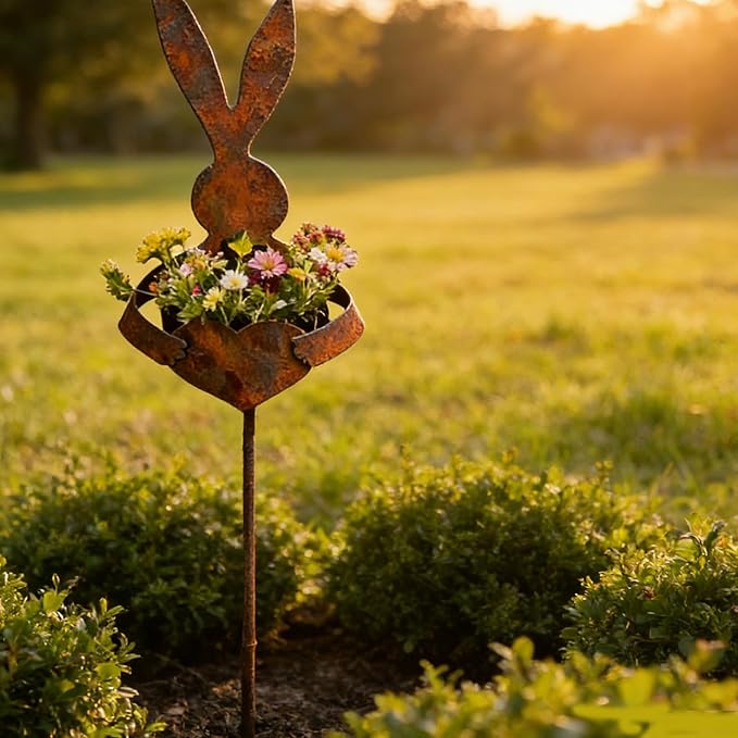 Easter Vintage Metal Rabbit Shaped Planter Garden Stake - Rustic Bunny Silhouette Garden Decor for Outdoor Garden Yard, for Celebrate Easter Outdoors (2pc)