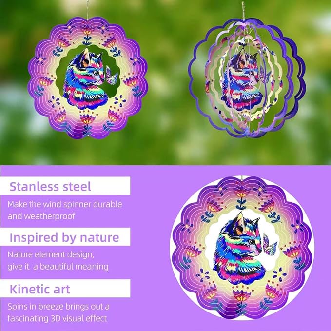 Metal Wind Spinners Outdoor Hanging Wind Spinner for Yard and Garden Decor for Outside-12In 3D Stainless Steel Cat Wind Chime Christmas of Gifts for Women Mom