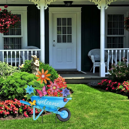YEAHOME Garden Decor for Outside, 25” Decorative Garden Stakes Metal Wheelbarrow with Flowers for Spring Decor, Butterfly Cart Welcome Yard Signs for Outdoor Lawn Backyard Porch Pathway Decorations