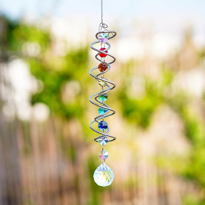 H&D HYALINE & DORA 20.5" Gazing Ball Spiral Tail Decorative Wind Spinners 1.18" Crystal Glass Ball Unique Gift Hanging Decor for Indoor Outdoor Garden Decoration (AB)