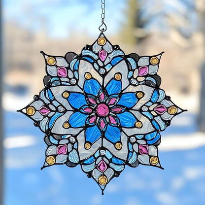 Winter Snowflake Acrylic Suncatcher - Faux Stained Glass Indoor Window Hanging Ornament, Outdoor Sun Catcher Panel, Home Decor Gift for Winter Lovers