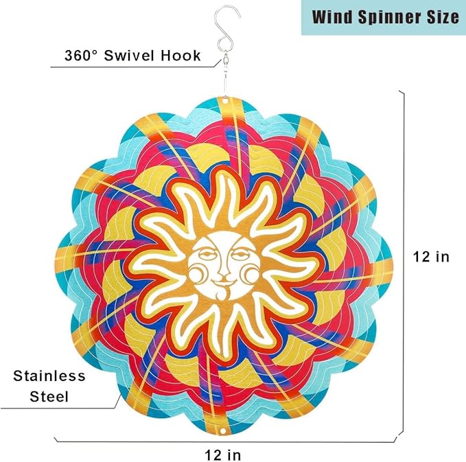 Wind Spinners Outdoor, 12 Inch Sun Face Smiley Stainless Steel Spinfinity Wind Spinner, Wind Chimes for Outside, 3D Hanging Kinetic Sculpture Suncatcher, Metal Spin Art Garden Ornament Gifts