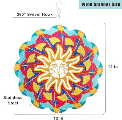 Wind Spinners Outdoor, 12 Inch Sun Face Smiley Stainless Steel Spinfinity Wind Spinner, Wind Chimes for Outside, 3D Hanging Kinetic Sculpture Suncatcher, Metal Spin Art Garden Ornament Gifts