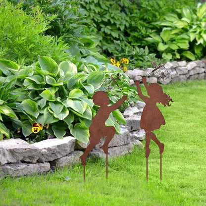 Garden Stakes,2 Pcs Boy and Girl Catching Butterflies Iron Garden Stakes Outdoor Patio Decor Artistic Yard Decorations Silhouette Yard Stakes for Farmhouse Garden and Outdoor