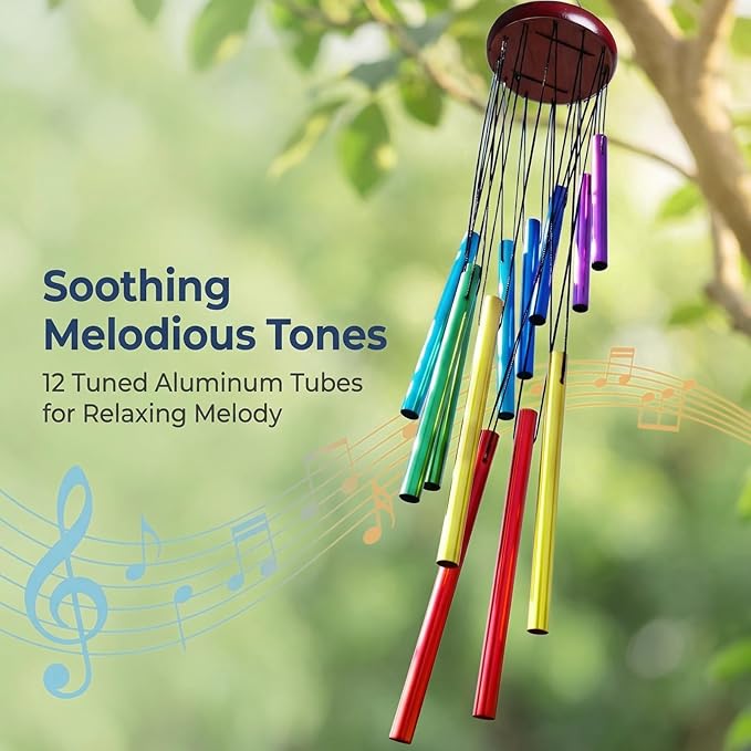 Wind Chimes for Outside, Colorful Wind Chimes with 12 Aluminum Tunes, Musical Outdoor Wind Chimes for Patio Garden Yard Home Decor, Memorial Wind Chime Gifts for Mom Grandma