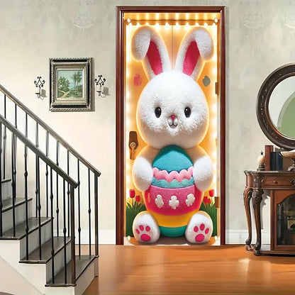 Happy Easter Door Cover Decoration Easter Eggs Bunny Banner Welcome Spring Happy Easter Day Party Photography Background Backdrop for Party Decorations Supplies 70.8 x 35.4 inch