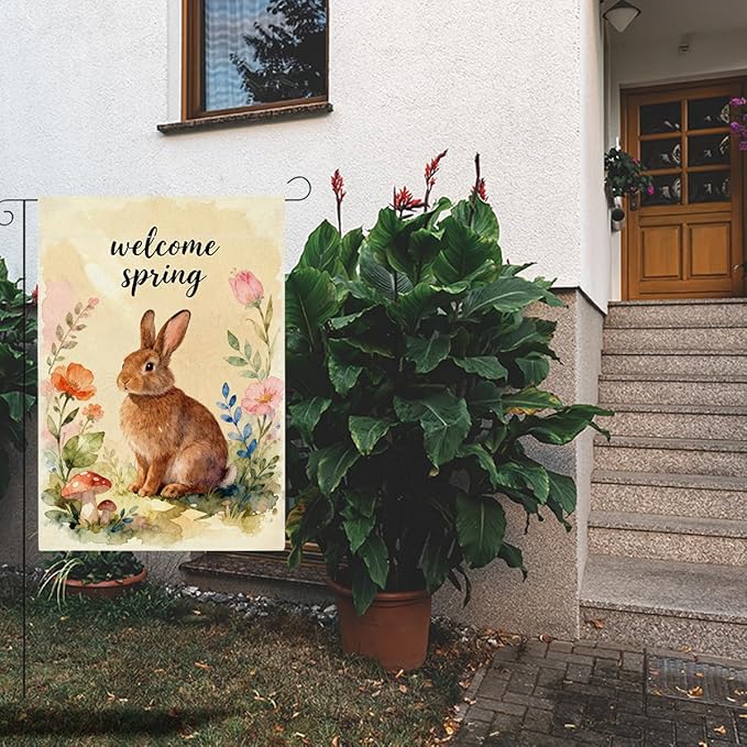 Hello Spring Bunny Easter Garden Flag Oil Painting Rabbit Boho Easter Garden Flag Decor Spring Double Sided House Flag for Outside Yard Decorations 12×18 Inch