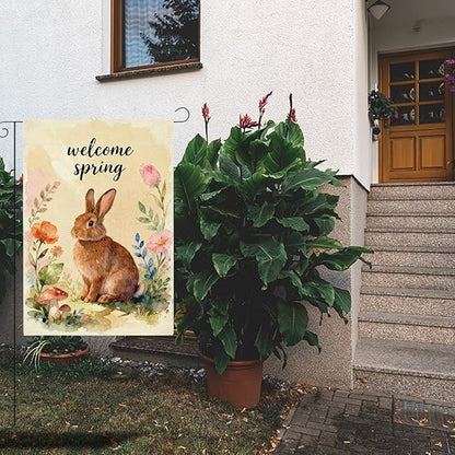 Hello Spring Bunny Easter Garden Flag Oil Painting Rabbit Boho Easter Garden Flag Decor Spring Double Sided House Flag for Outside Yard Decorations 12×18 Inch