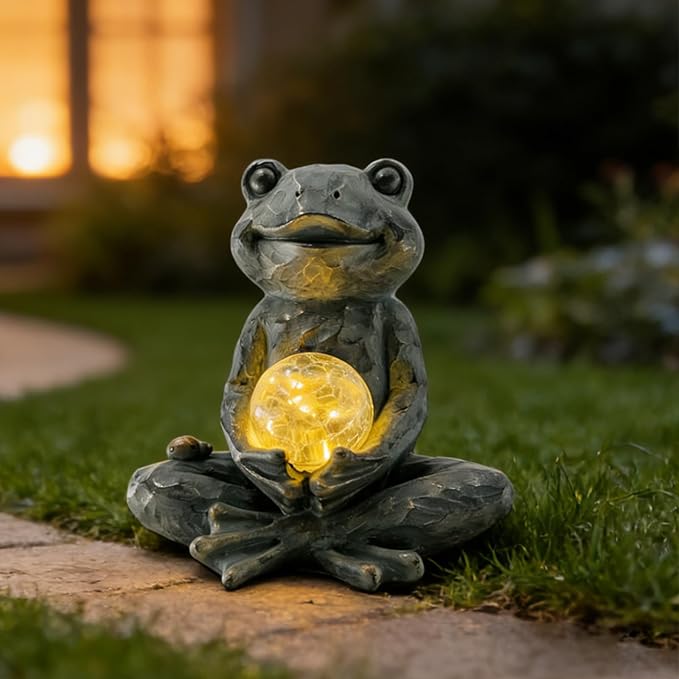 Zen Yoga Frog Garden Statue Ornament, Outdoor Decor, Solar Patio Garden Sculptures & Statues, Gift Ideas for Women