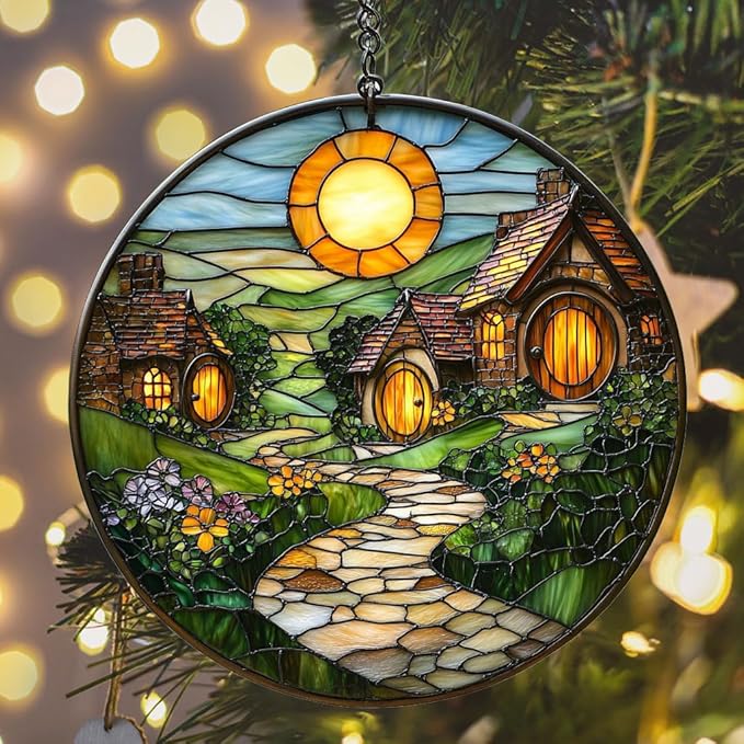 Whimsical Vivid Village Mosaic Art Acrylic Suncatcher Stained Glass Effect Window Car Hanging Christmas Ornament Indoor Outdoor Decor Garden Sun Catcher Panel for Scenery Lover for Women Mom Grandma