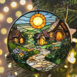 Whimsical Vivid Village Mosaic Art Acrylic Suncatcher Stained Glass Effect Window Car Hanging Christmas Ornament Indoor Outdoor Decor Garden Sun Catcher Panel for Scenery Lover for Women Mom Grandma