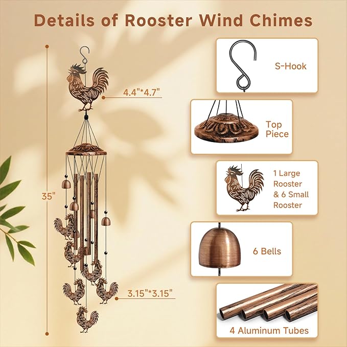 Rooster Wind Chimes for Outside, Rooster Gifts for Women/Men/Mother/Father, Metal Windchimes for Birthday/Christmas/Thanksgiving, Chicken Decor for Patio, Garden,Yard, Home, Porch