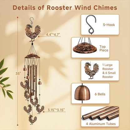 Rooster Wind Chimes for Outside, Rooster Gifts for Women/Men/Mother/Father, Metal Windchimes for Birthday/Christmas/Thanksgiving, Chicken Decor for Patio, Garden,Yard, Home, Porch