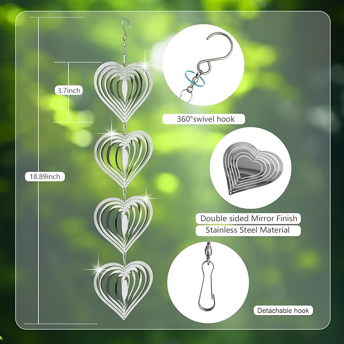 12Pcs Heart Bird Scare Discs, 4Set Highly Reflective Hanging Wind Spinners Outdoor Metal Bird Reflectors for Outside Garden Decor Lightweight Bird Devices to Scare Birds Away from Yard Porch