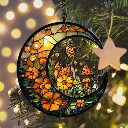 Floral Cresent Moon Acrylic Suncatcher Stained Glass Effect Window Car Hanging Christmas Ornament Indoor Outdoor Decor Garden Sun Catcher Panel for Boho Lover for Women Mom Grandma