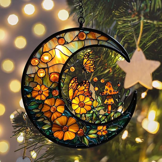 Floral Cresent Moon Acrylic Suncatcher Stained Glass Effect Window Car Hanging Christmas Ornament Indoor Outdoor Decor Garden Sun Catcher Panel for Boho Lover for Women Mom Grandma