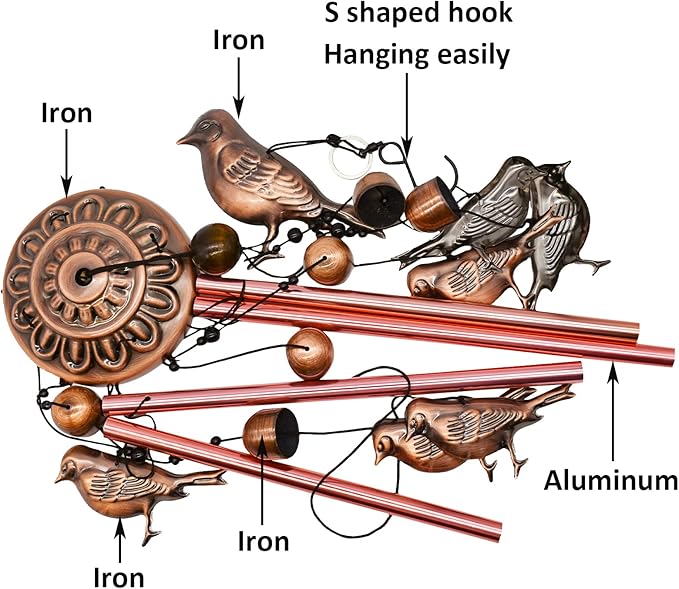 Maydahui Bird Retro Metal Wind Chime (34 Inch H) Memorial Wind Bell Animal Windchime with S Shaped Hook for Indoor and Outdoor Decor Festival Garden Party