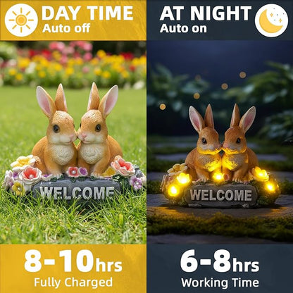 Solar Rabbit Garden Statue 5.9" Resin Bunny Statue with Welcome Sign Rabbit Figurines Light Decorations for Patio Yard Lawn Ornaments Easter Housewarming Birthday Gifts for Women Mom Grandma Wife