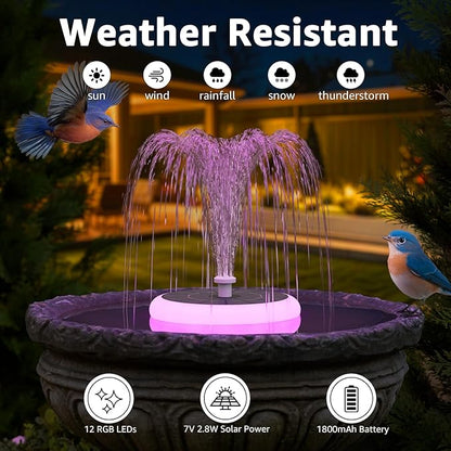 2 Pack Solar Fountain for Bird Bath with RGB LED Lights and 6 Nozzle, 3W Solar Powered Water Pump for Pond Pool Patio and Garden Aquarium Outdoor