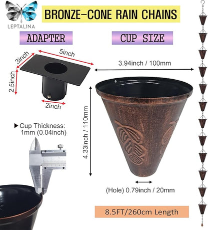 8.5FT Cone Iron Rain Chains for Gutter and Rain Barrel, Rust-Resistant Plated Garden Décor Rain Chain for Downspout, Bonus Rain Chain Gutter Adapter (Bronze)