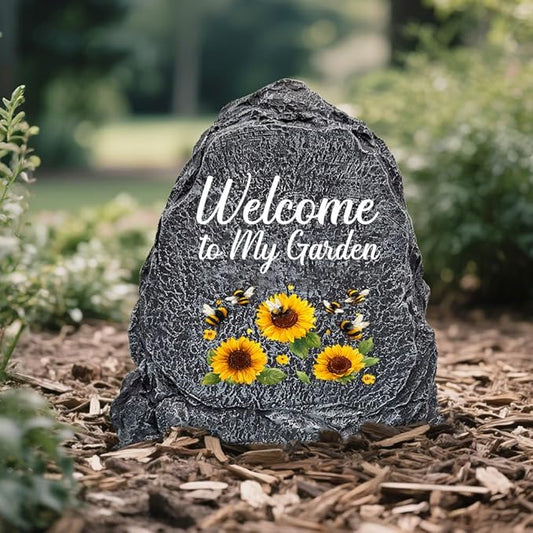 Garden Stone Sculpture with Bees and Sunflowers, Solar Resin Outdoor Sculpture, Suitable As A Grave Decoration for Gardens, Lawns, Cemeteries, Memorial Gifts, Home Decoration