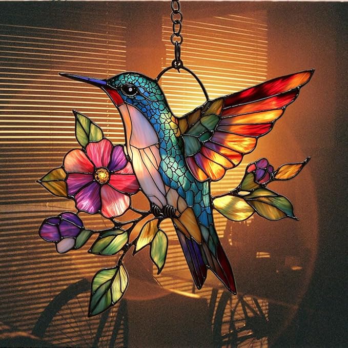 Flowers and Hummingbird Acrylic Suncatcher Stained Glass Effect Window Car Hanging Christmas Ornament Indoor Outdoor Decor Garden Sun Catcher Panel for Hummingbird Lover for Women Mom Grandma
