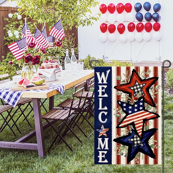 Independence Day 4th of July Garden Flag Burlap 12x18 Inch Double Sided, Patriotic American Stars and Stripes Yard Outdoor Decor DF304
