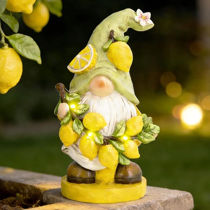 basen Solar Powered Garden Gnome Decor with Lemon Theme, Waterproof Outdoor Lawn Ornaments with Auto On/Off Light, Resin Figurine for Patio, Yard, Pathway, Porch Landscape Lighting Decorations